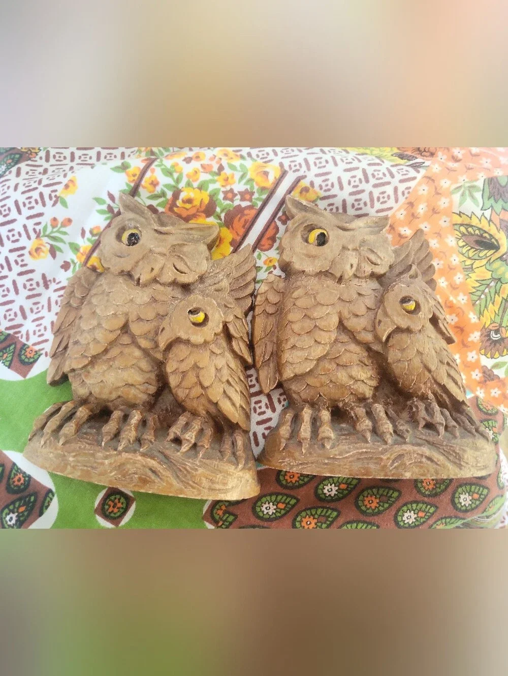 Vintage 70's Hand-Carved Soap Stone Owl Bookends
